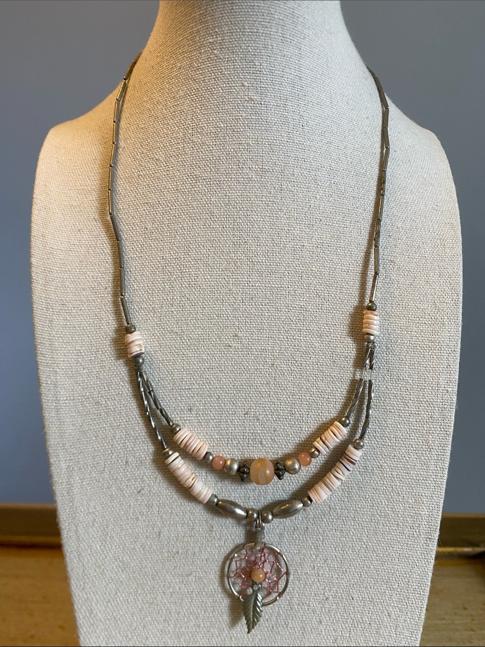 Southwestern Double Strand Shell Heishi Dreamcatcher Necklace 18”